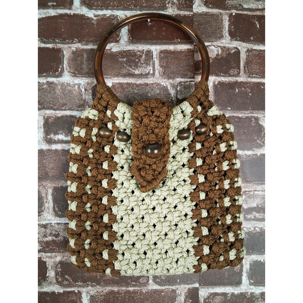 Macrame Purse Vintage 1970s Boho Woven Handbag Double Lucite Handles Brown Cream